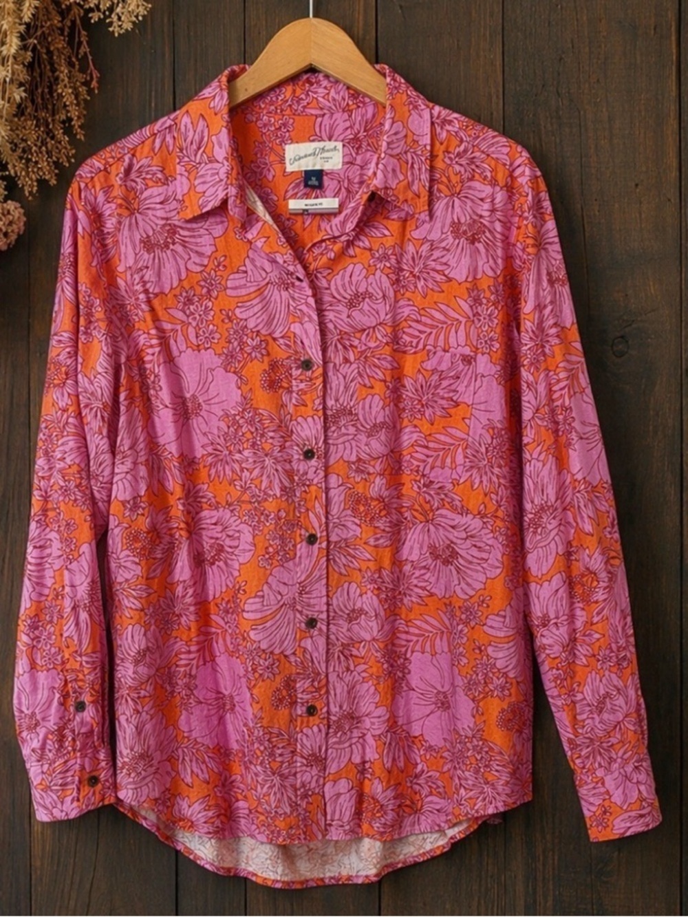Universal Thread Floral Tropical Linen Button Shirt Long Sleeve Beachy XS Pink
